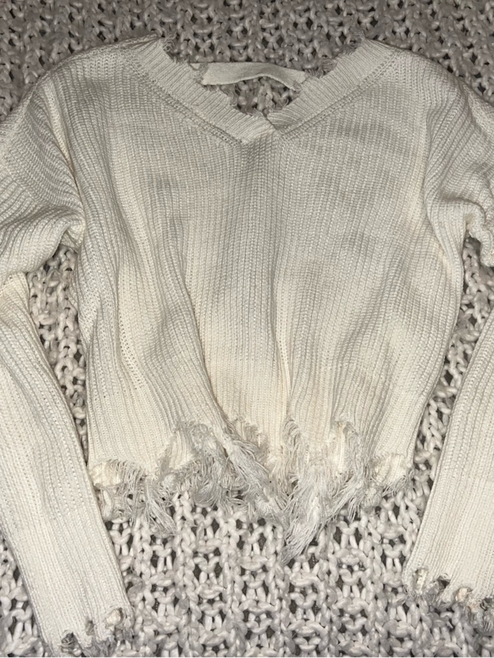 Women's Cream Distressed V-Neck Knit Sweater